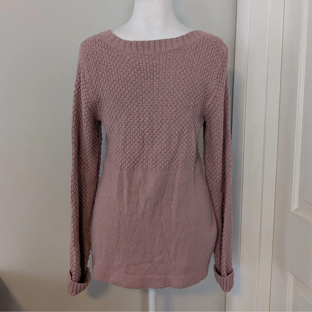 Elle Women's Chunky Cardigan Sweater SMALL Fitted‎ Layer Satin Bow Easter Mauve